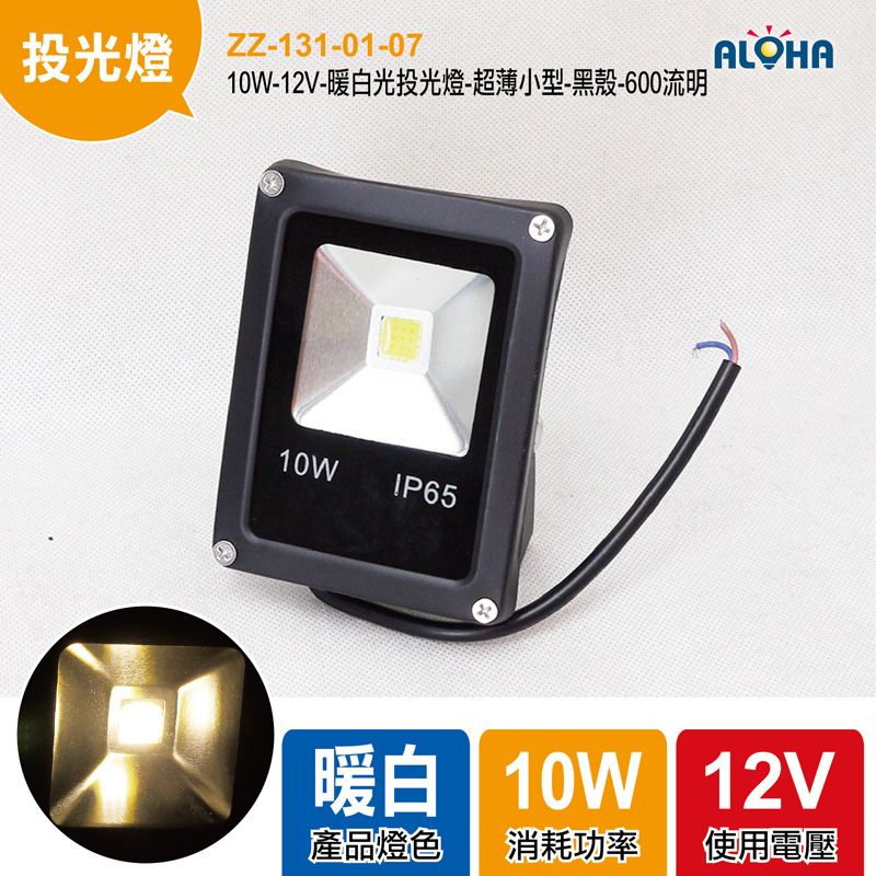 10W-12V-暖白光投光燈-超薄小型-黑殼-600流明-8.5*11.2cm